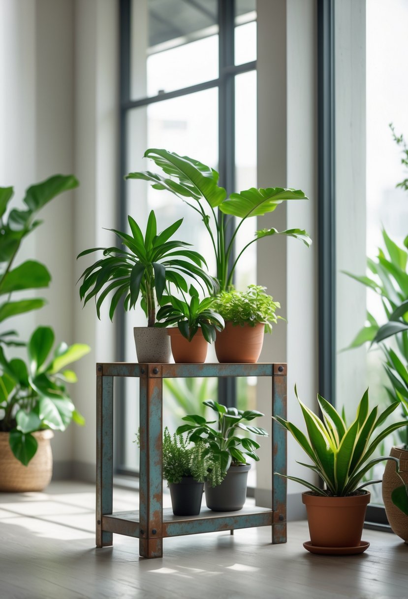 Indoor metal plant stand holding several potted green plants in a bright living space.