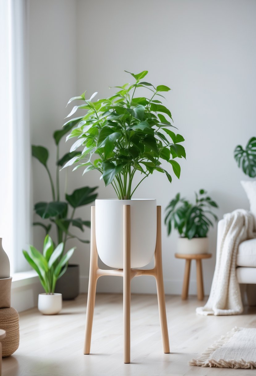 A wooden tri-leg plant stand holding a green potted plant in a bright indoor room with light walls and wooden flooring.