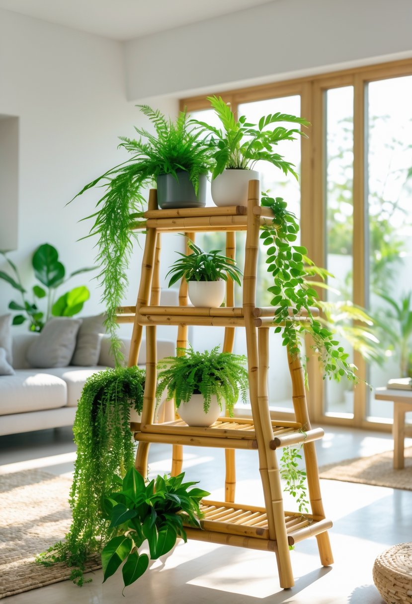 A bamboo tiered plant stand holding several green houseplants in a bright indoor living room.