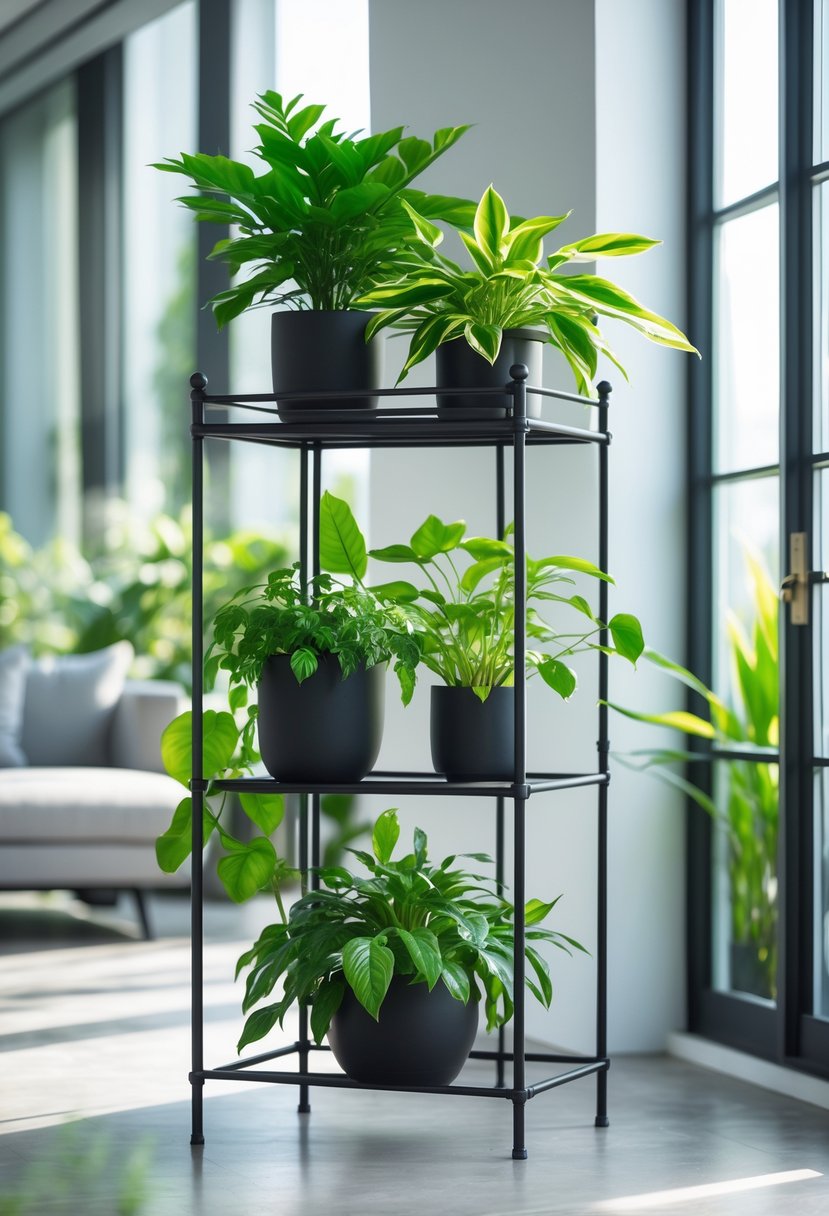 A black wrought iron plant stand indoors holding several green houseplants in a bright room.
