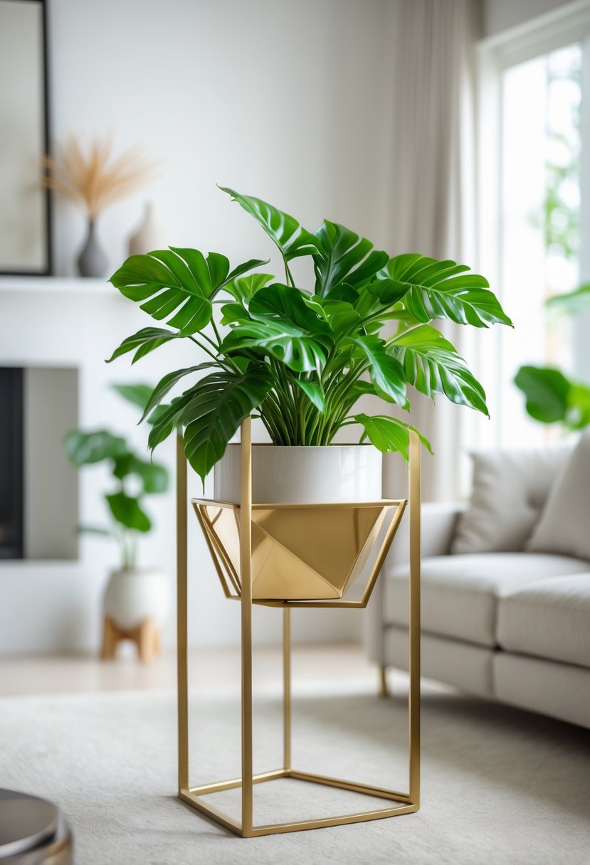 A gold geometric metal plant stand holding a green leafy plant inside a bright living room.