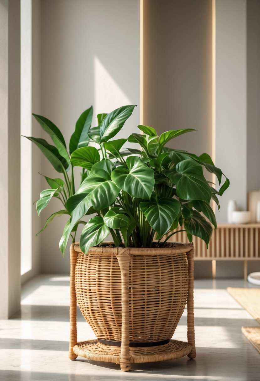 Indoor scene showing a wicker basket plant stand holding a green houseplant in a modern room.