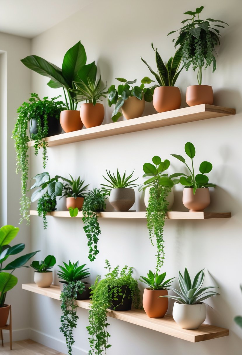 A wall with multiple floating shelves holding various indoor plants in pots, arranged neatly and brightly lit.