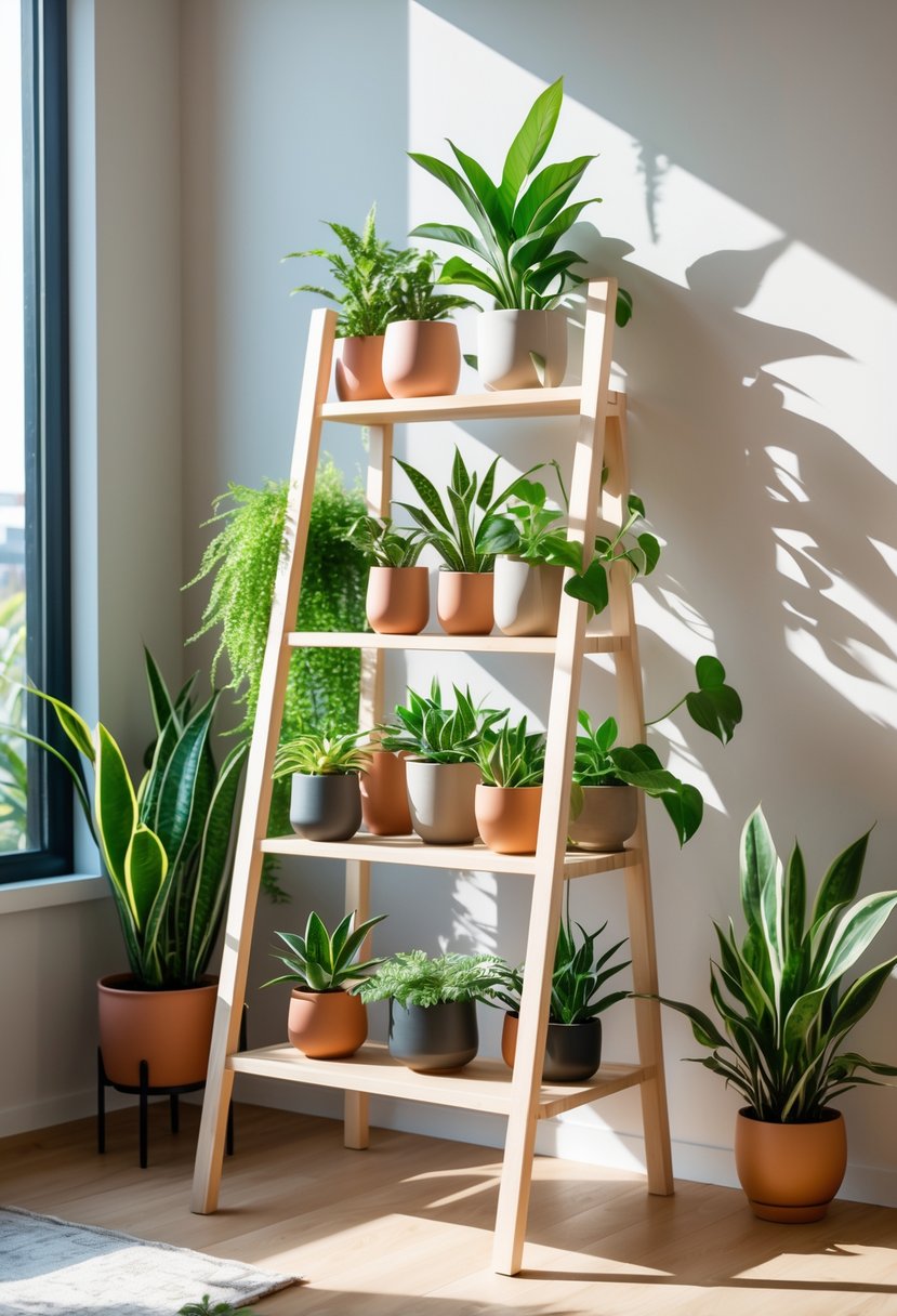 A multi-level wooden ladder plant stand holding various green indoor plants in pots, placed against a light-colored wall with natural light coming from a window.