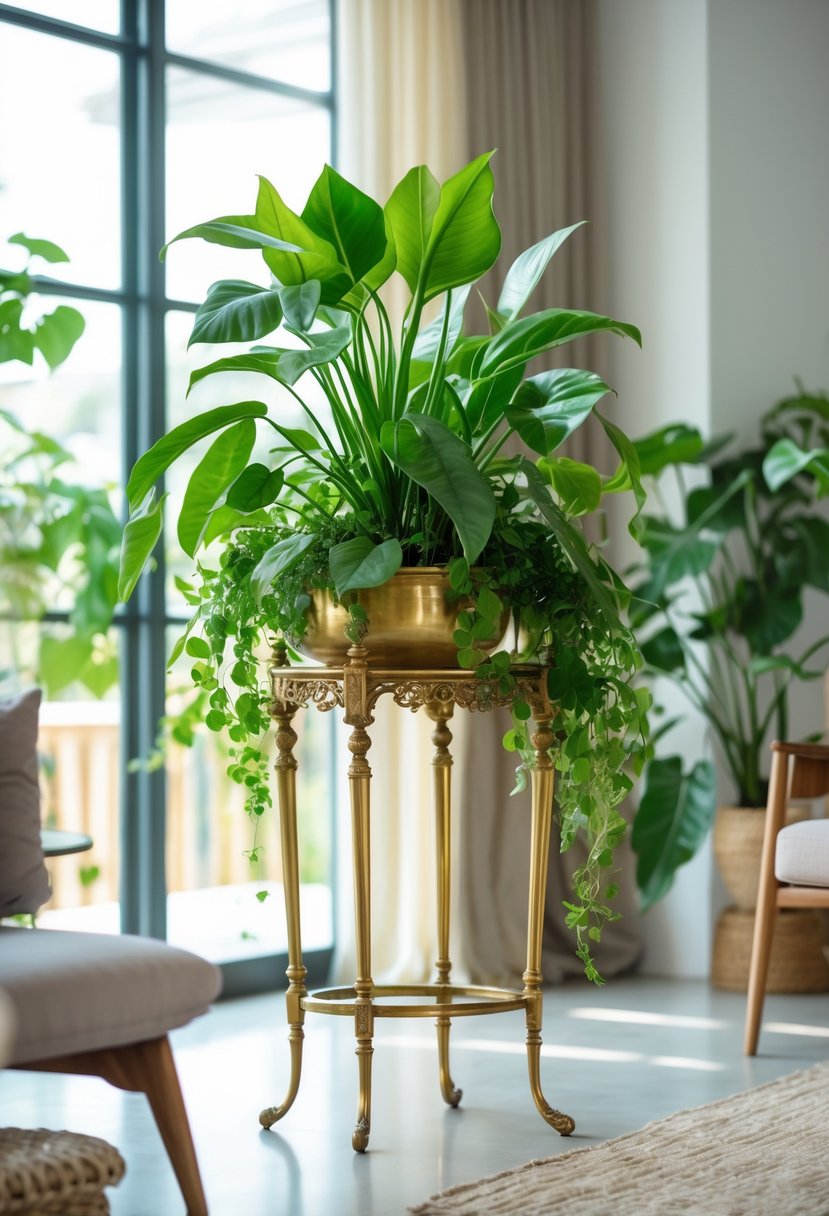 Indoor vintage brass plant stand holding several green plants in a bright living room.