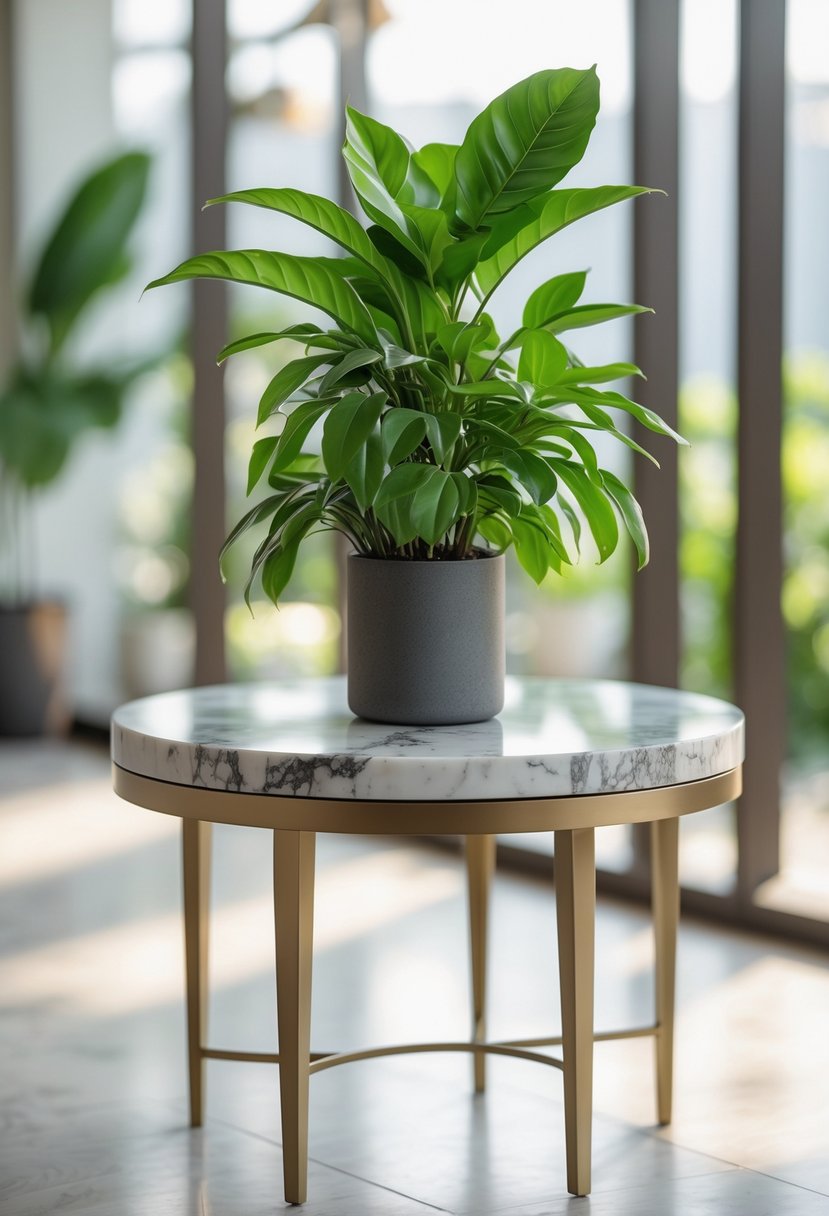 A round marble top plant stand holding a green potted plant in a bright indoor living space.
