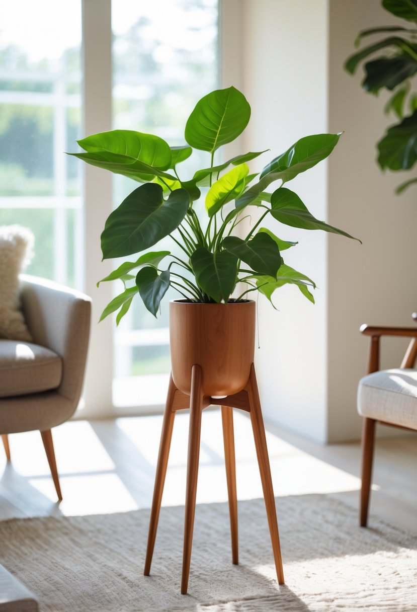 A wooden plant stand with hairpin legs holding a green potted plant in a bright, modern living room.