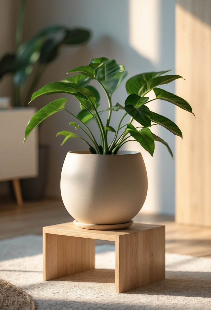 A ceramic pot with a green indoor plant on a wooden stand in a softly lit room.