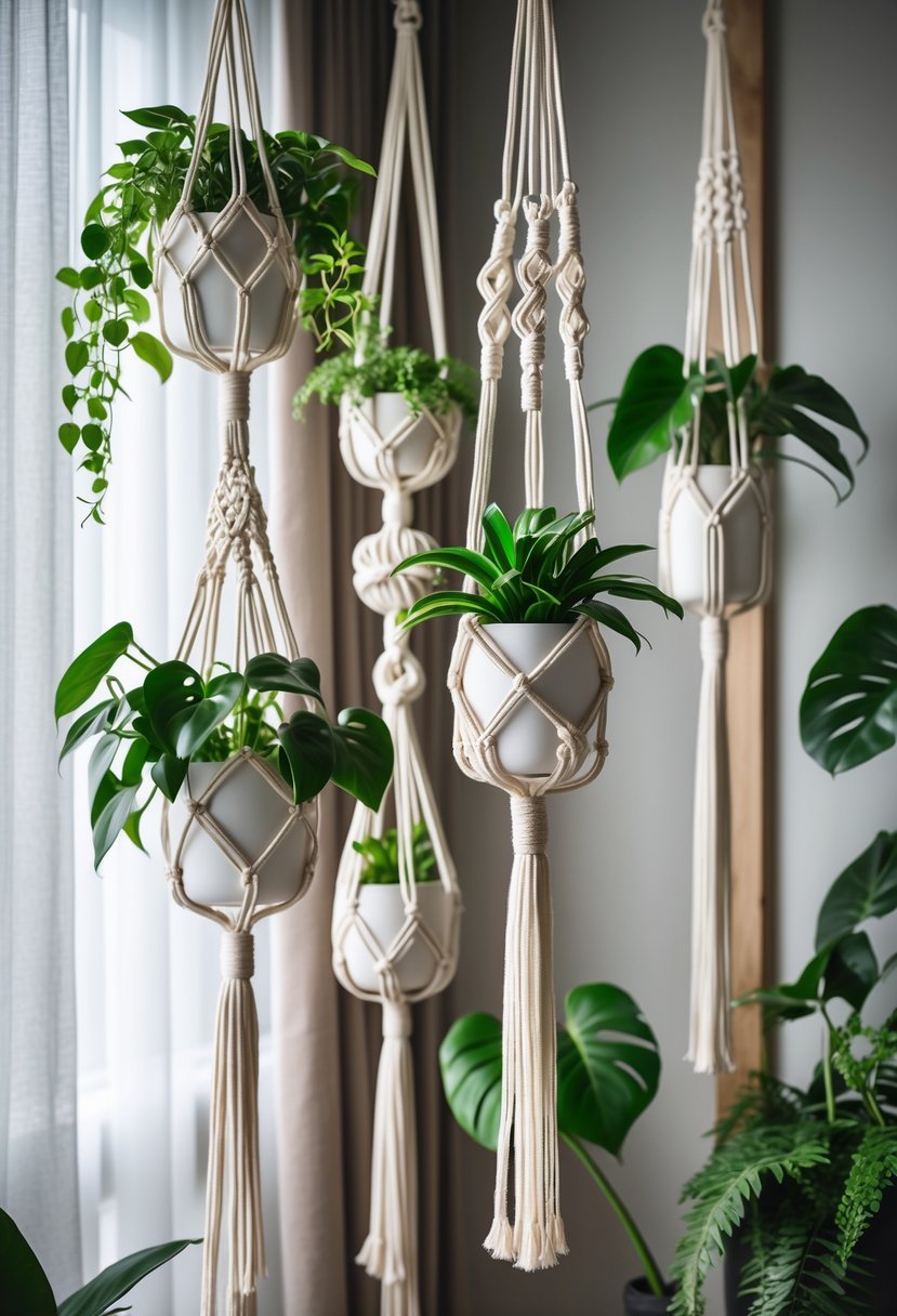 A bright indoor space with several hanging macrame plant holders displaying green leafy plants at different heights.