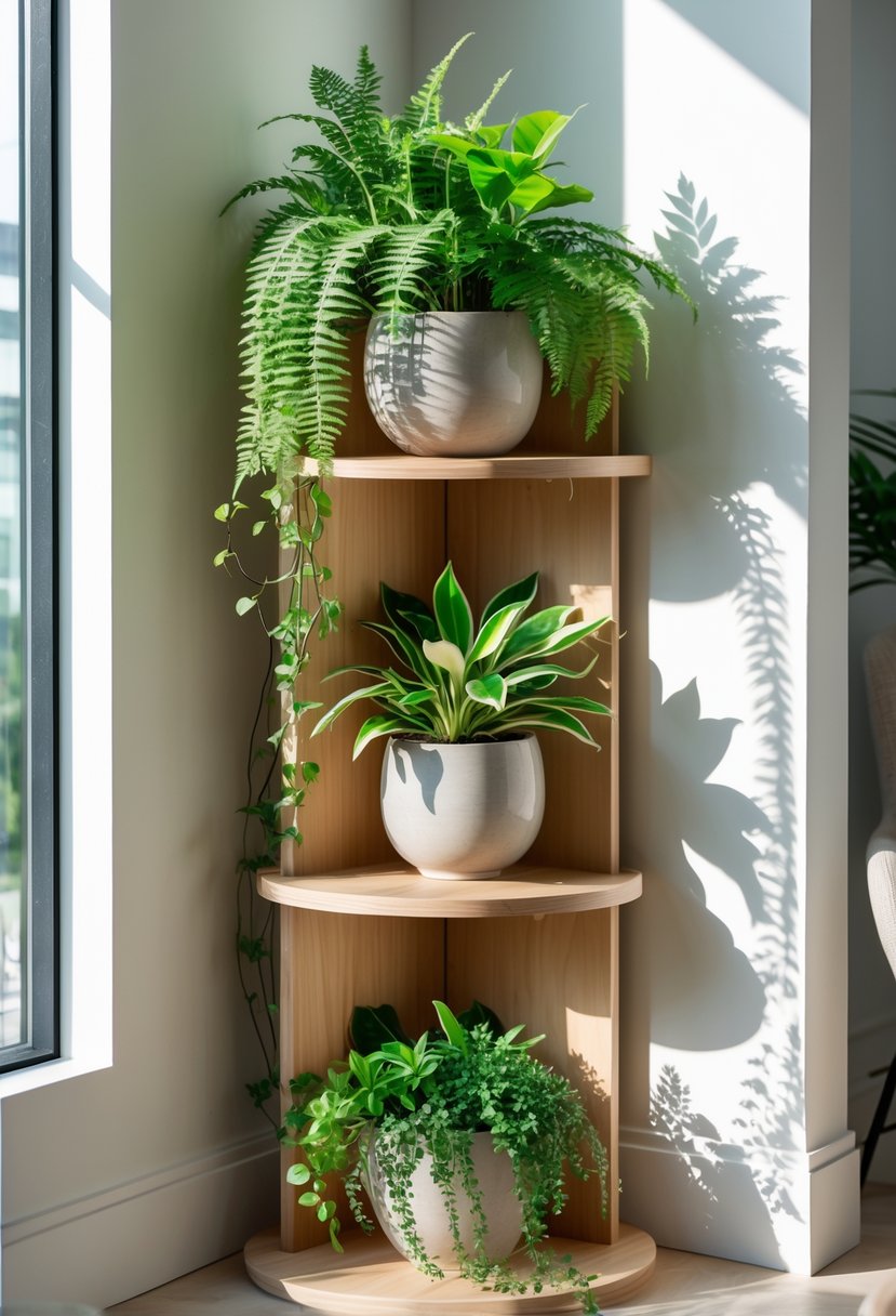 A corner of a room with a tiered wooden plant stand holding several green houseplants next to a window.