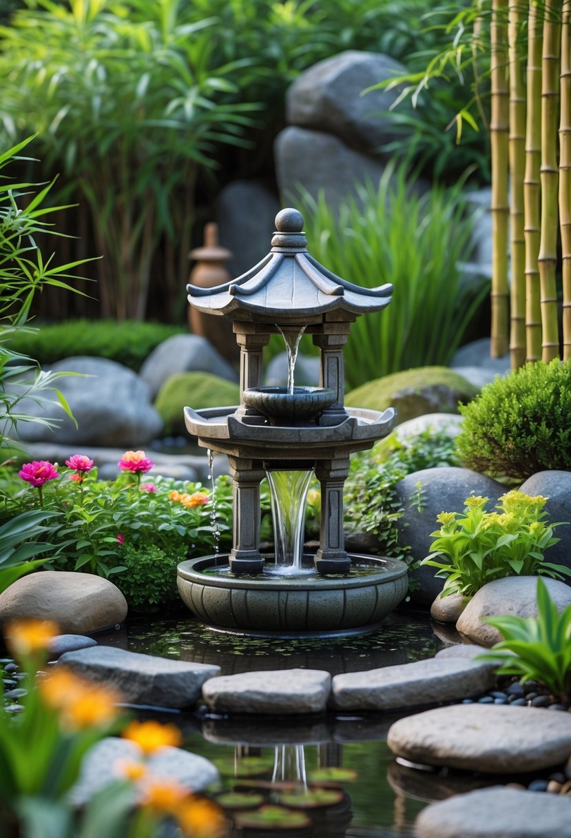 A mini pagoda water fountain surrounded by lush plants, flowers, stones, and a small pond in a peaceful garden setting.