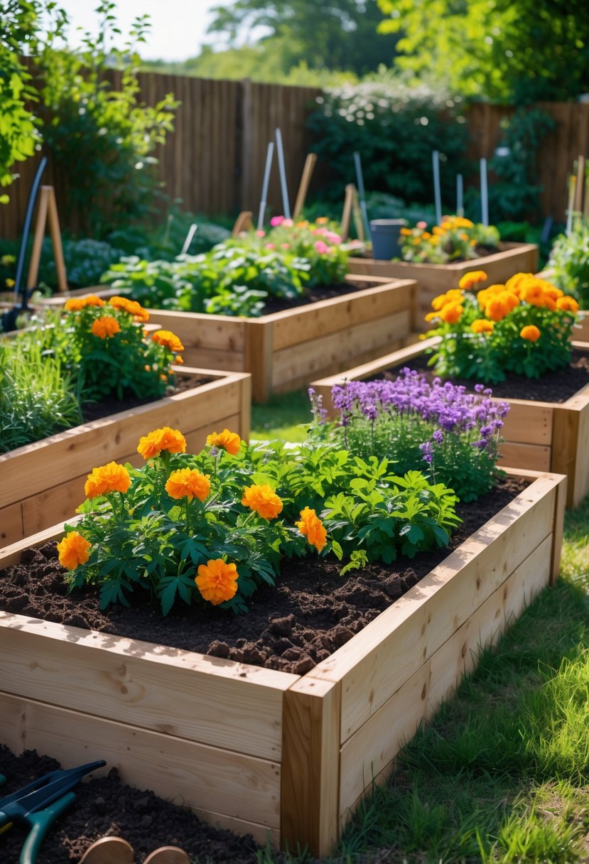 A garden with several raised flower beds filled with colorful blooming flowers and green plants, surrounded by grass and a wooden fence.