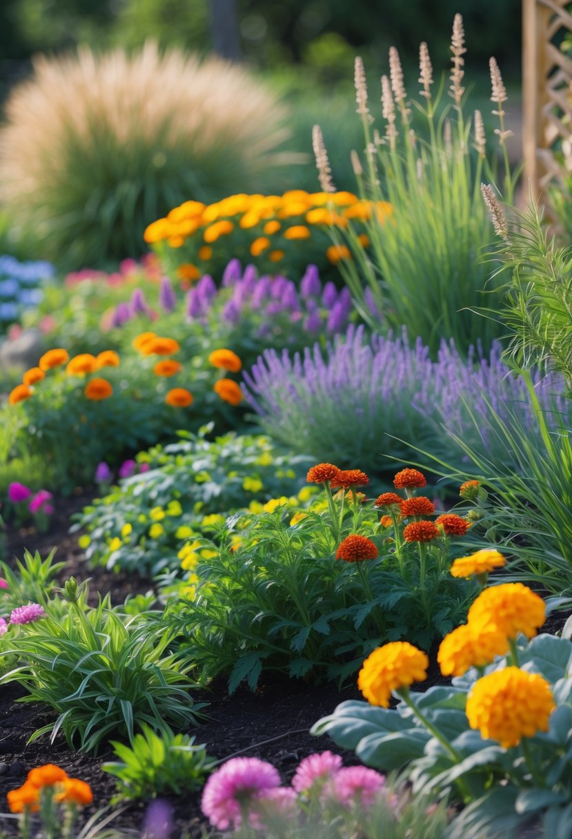 A garden flower bed with multiple layers of colorful perennials and annuals arranged in tiers, featuring various flowers and green foliage under natural sunlight.