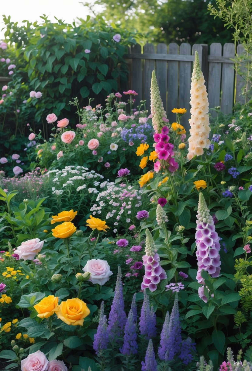 A colorful garden flower bed filled with a variety of blooming flowers and green foliage under natural daylight.
