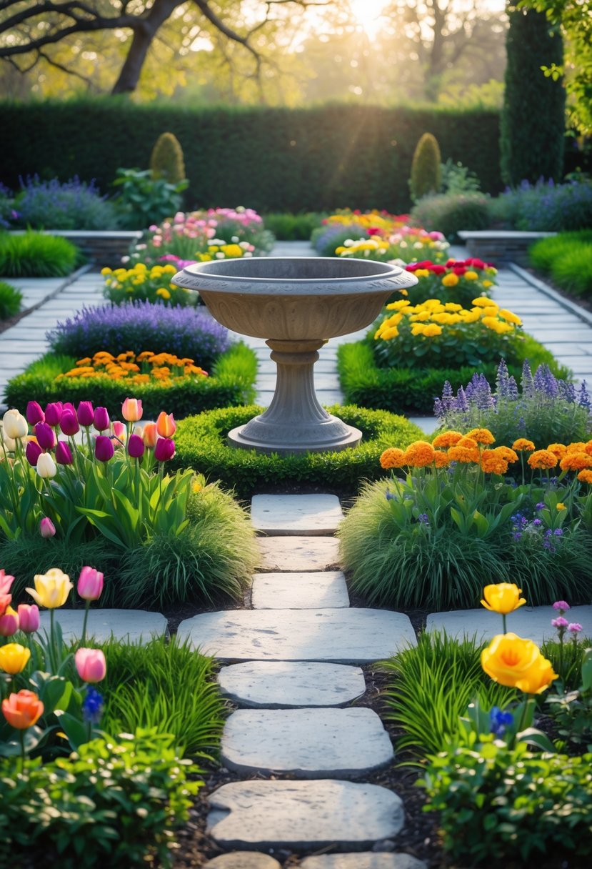 A garden with a central bird bath surrounded by 15 colorful flower beds and green pathways.