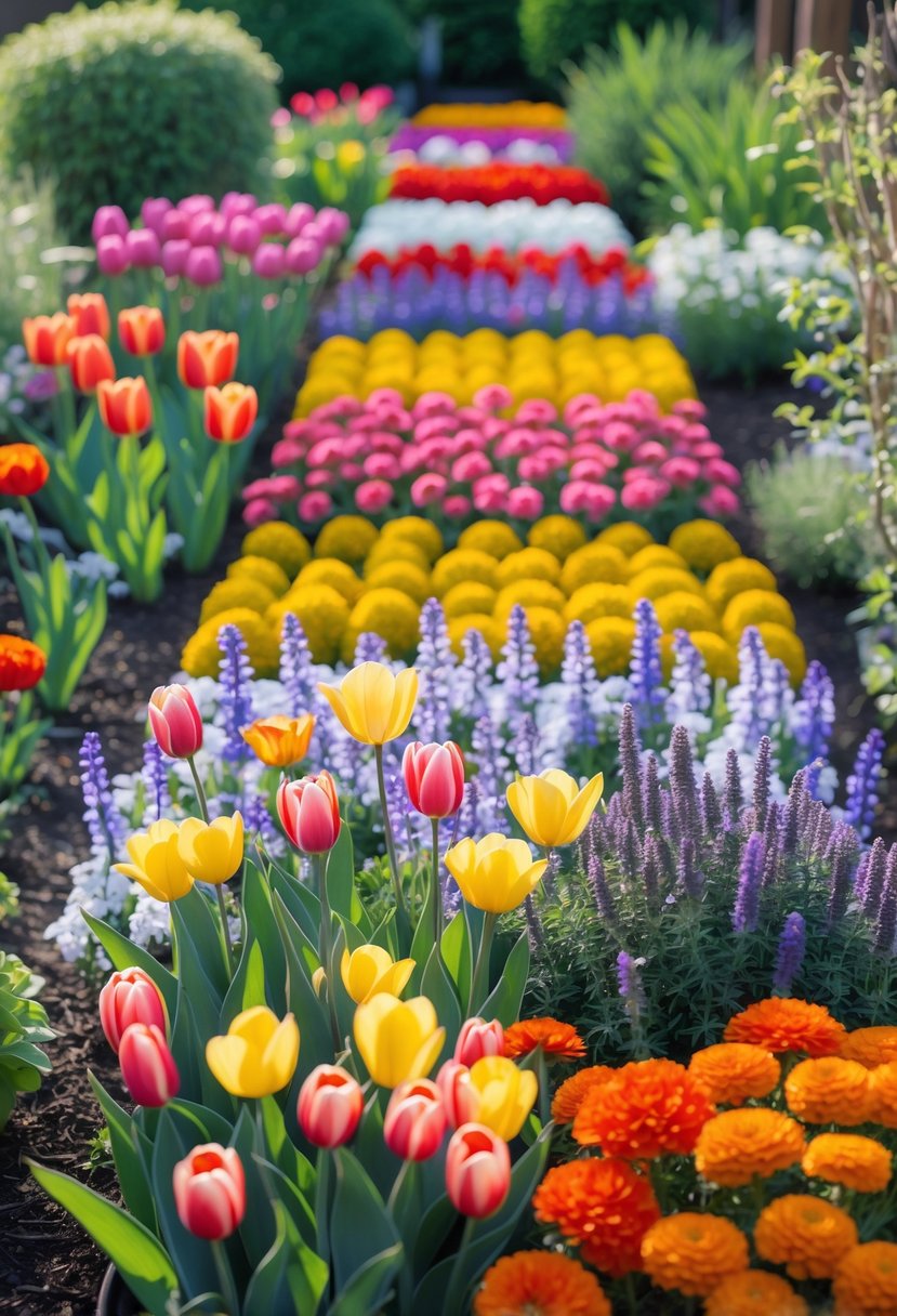 A colorful garden flower bed arranged in distinct blocks of similar hues, featuring various blooming flowers grouped by color.