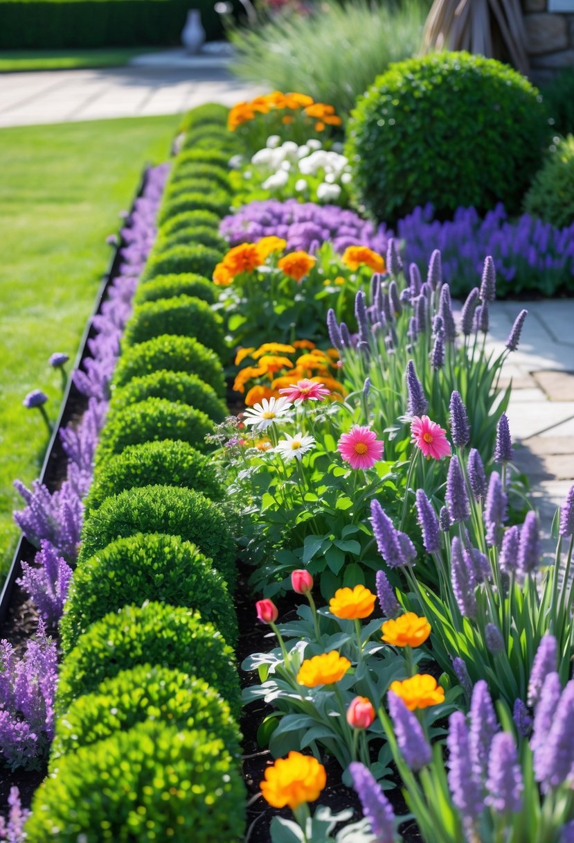A garden flower bed bordered with green boxwood shrubs on one side and purple lavender plants on the other, filled with colorful blooming flowers and a stone pathway nearby.