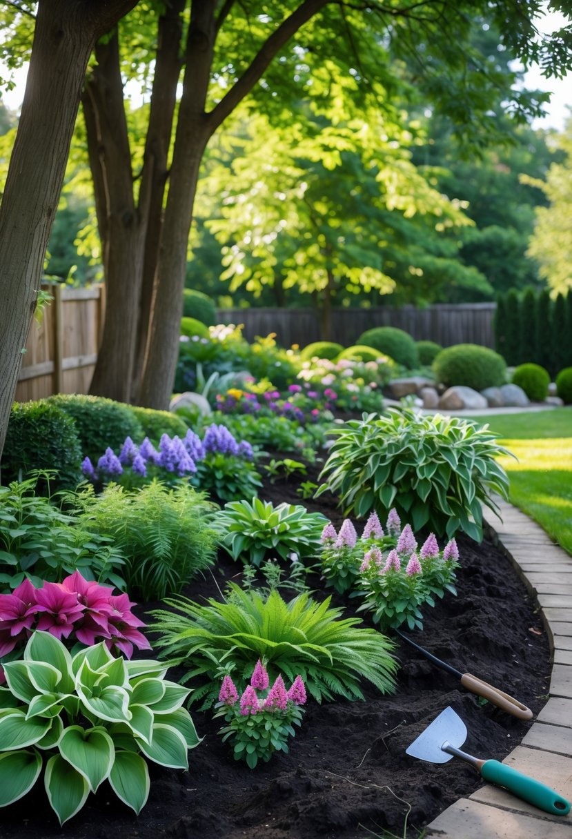 A garden flower bed with shade-tolerant flowers planted under tall trees, showing colorful blooms and green foliage in a shaded outdoor setting.