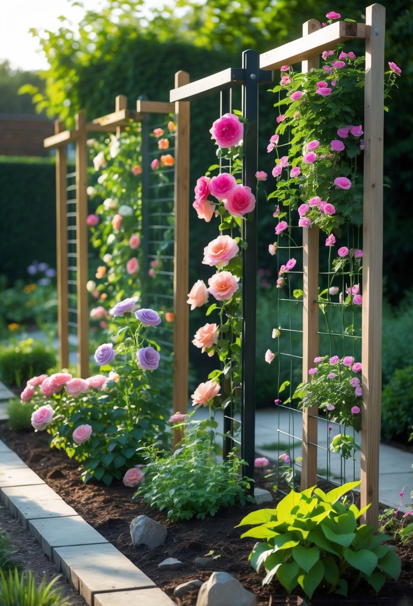 A garden with multiple vertical flower beds using trellises supporting colorful climbing flowers and green foliage.