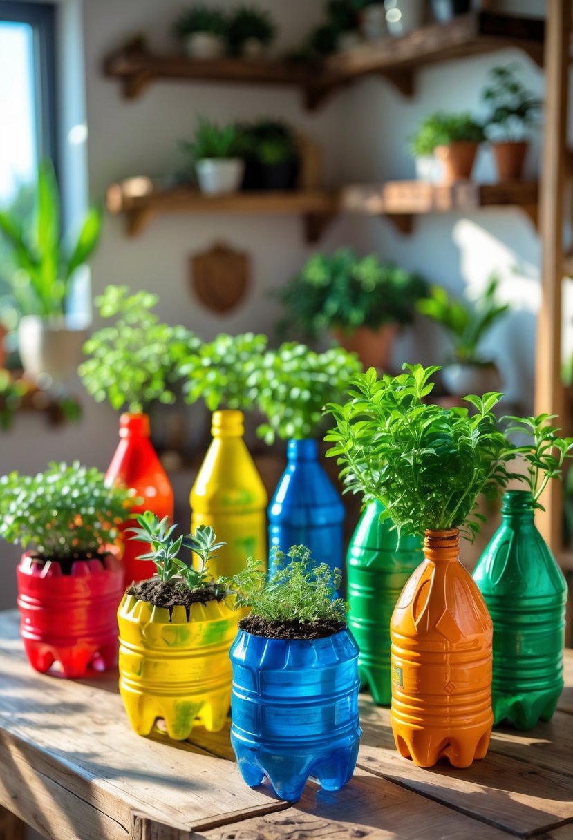 Colorful painted plastic bottle planters holding green plants arranged on a wooden table indoors.