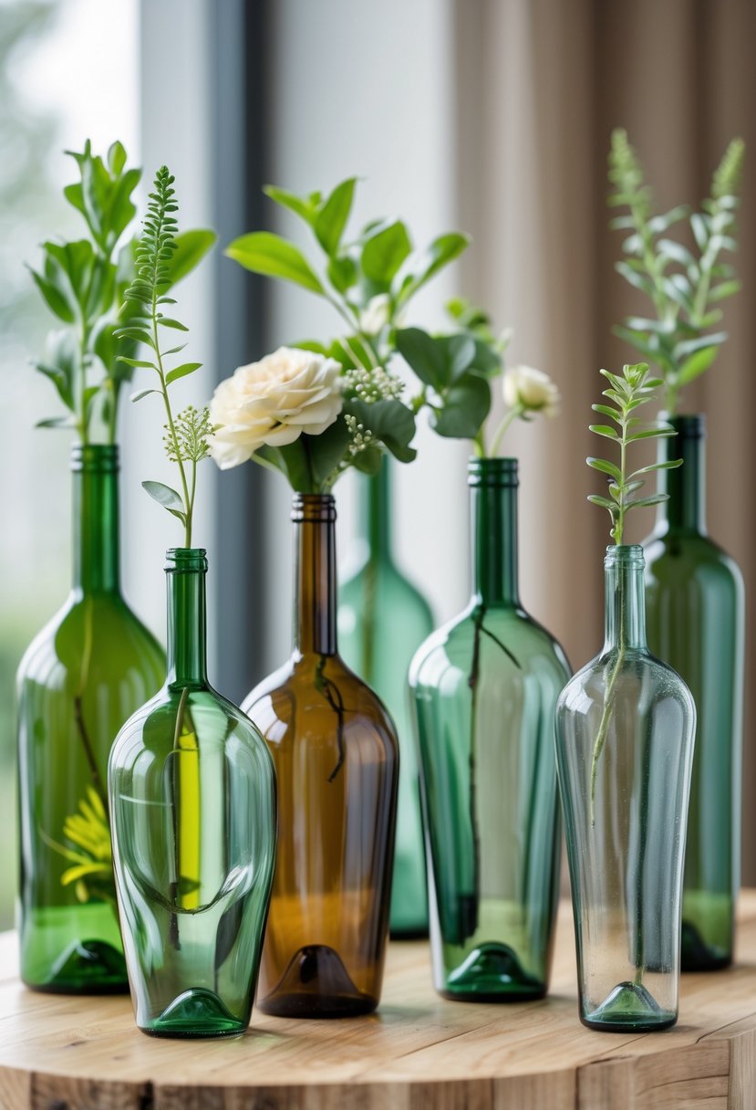 A collection of decorative vases made from cut wine bottles displayed on a wooden surface with flowers and greenery inside.