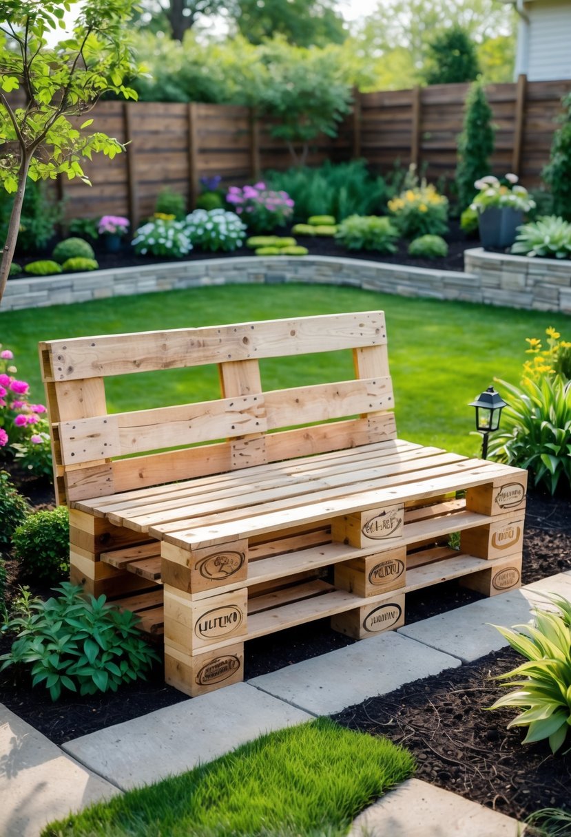A wooden pallet garden bench in a green backyard surrounded by plants, flowers, and stone pathways.