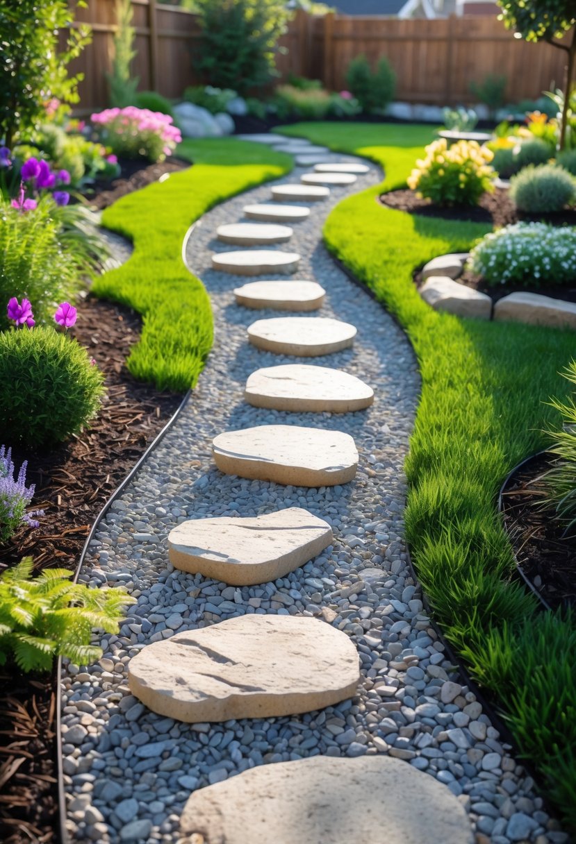 A backyard with a gravel pathway and stepping stones surrounded by grass, flowers, and shrubs.