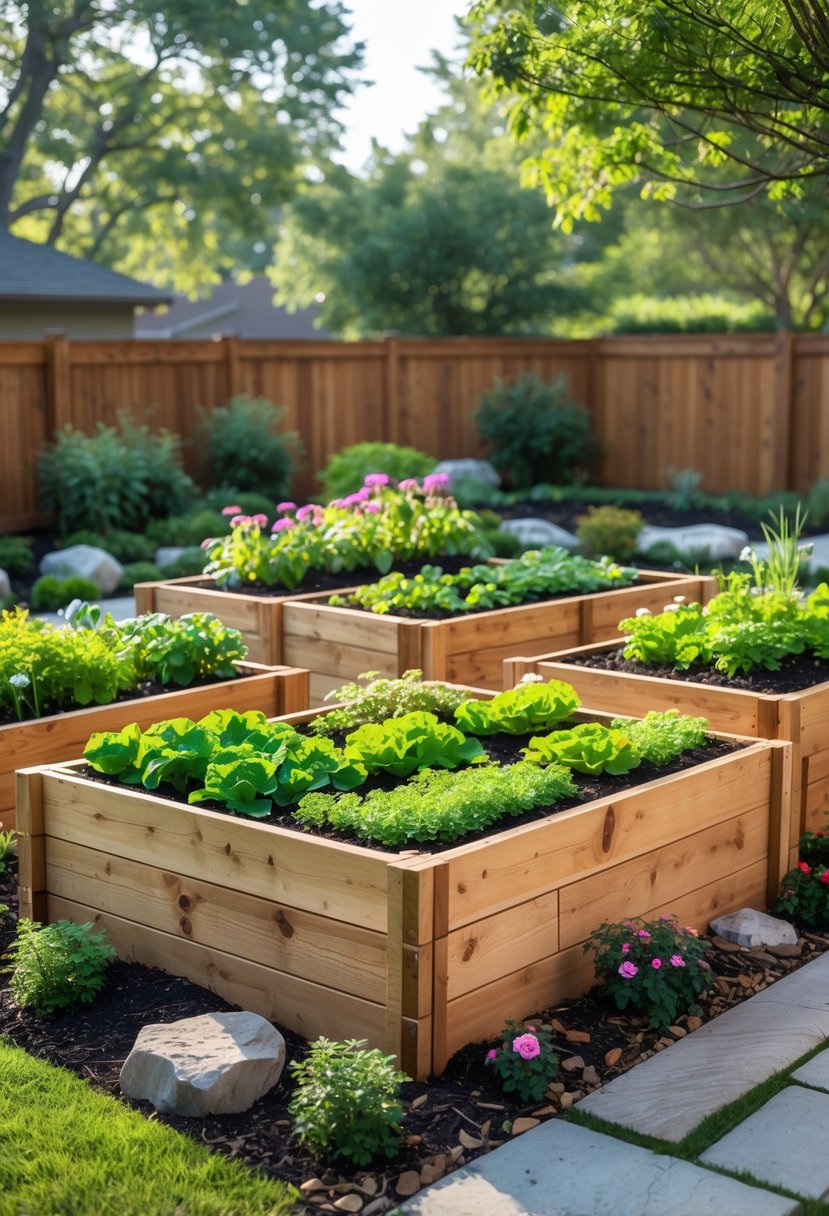 Backyard with raised garden beds made from recycled wood filled with plants and flowers, surrounded by lawn, stone pathways, and trees.