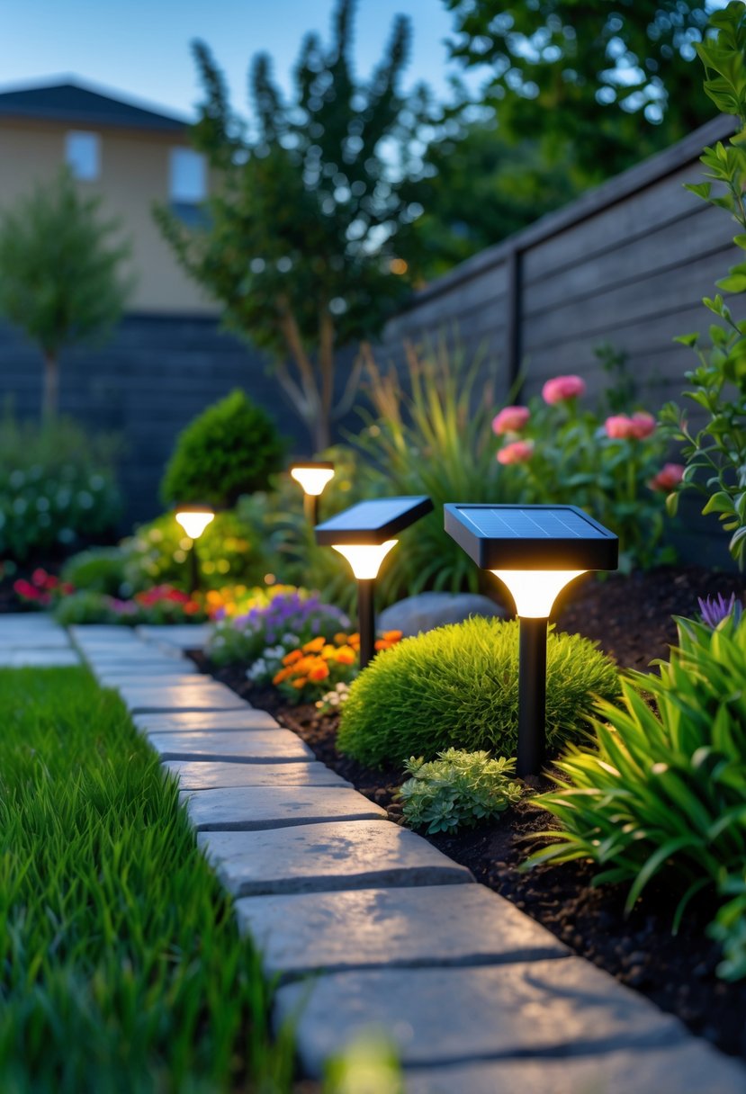 A backyard with green grass, colorful flowers, shrubs, a stone pathway, and solar-powered garden lights glowing softly.