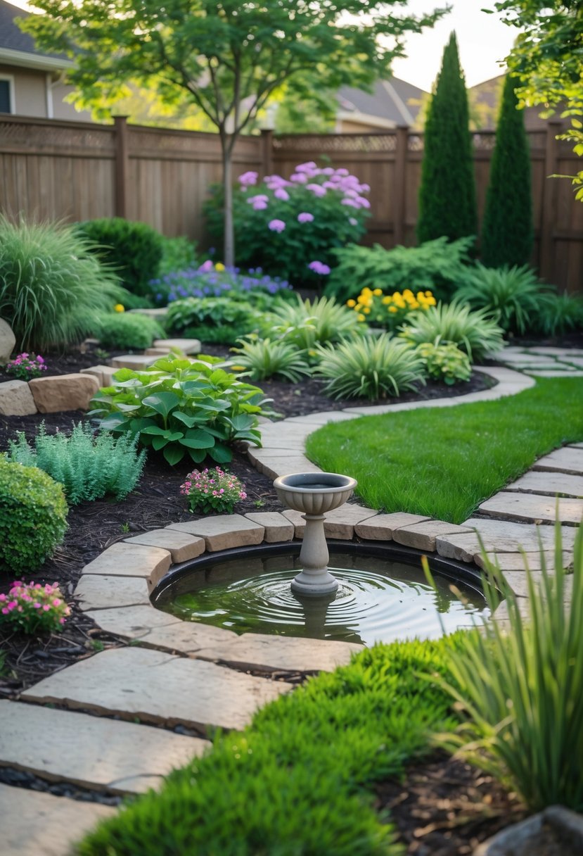 A backyard garden with a small birdbath surrounded by green plants, flowers, and stone pathways.