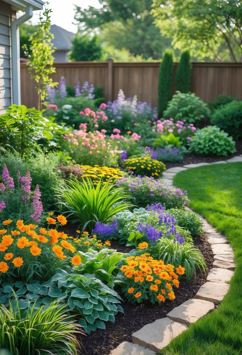 A backyard garden with a colorful mix of blooming flowers, green plants, and a small pathway surrounded by a wooden fence.
