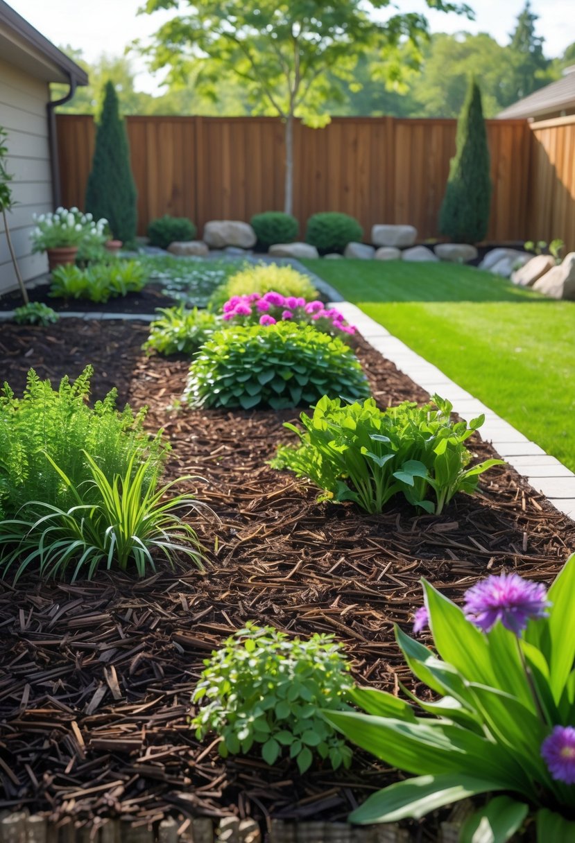 A backyard garden with mulched flower beds, green plants, colorful flowers, and a well-kept lawn.