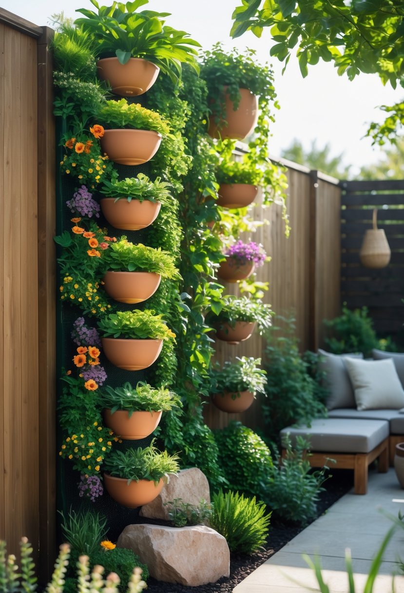 A backyard with a vertical garden featuring hanging planters filled with green plants and flowers, surrounded by a wooden fence and outdoor seating.