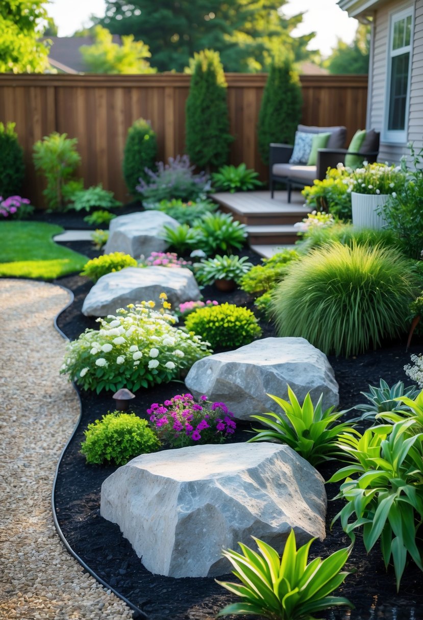 A backyard garden with large decorative rocks, green plants, colorful flowers, and a seating area.