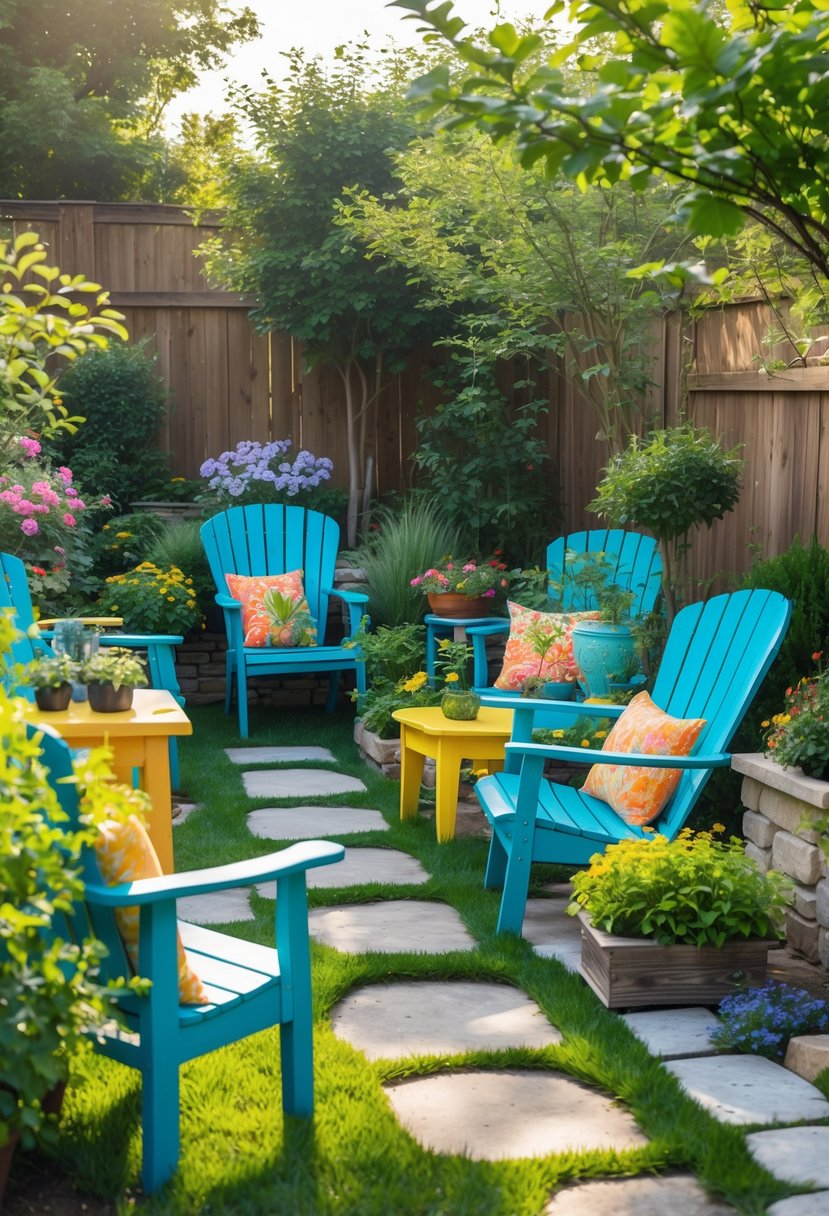 A backyard garden with freshly painted wooden furniture surrounded by plants, flowers, and stone pathways.