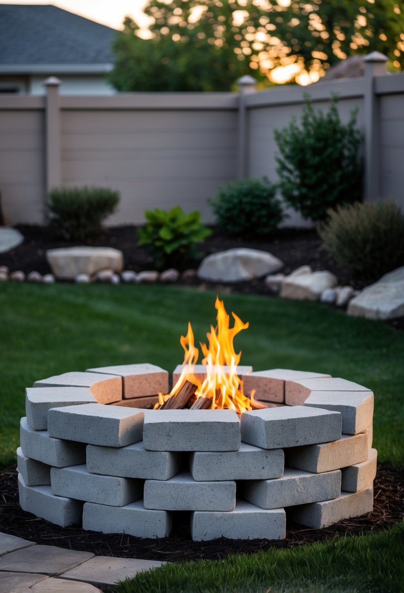 A backyard with a simple fire pit made of retaining wall blocks surrounded by grass and small plants.