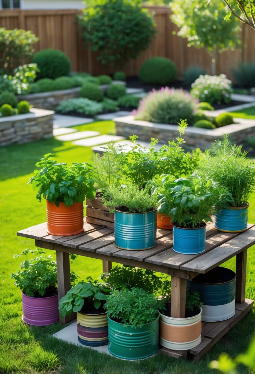A backyard garden with various herbs growing in repurposed containers placed on a wooden table and around a green lawn.