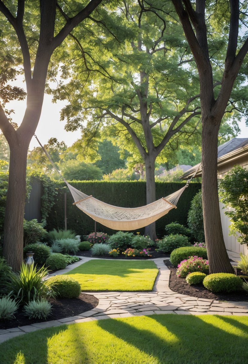 A hammock hanging between two mature trees in a backyard with green grass, flower beds, and shrubs.