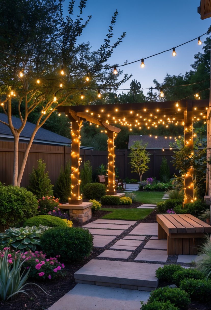 A backyard at dusk with string lights hanging above a garden with plants, shrubs, stone pathways, and seating areas.