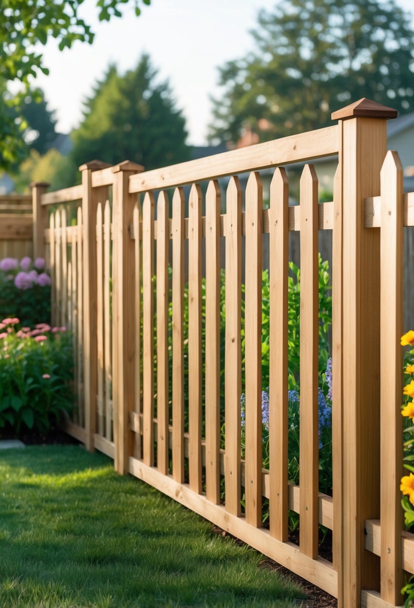 Tall wooden picket fence with narrow gaps surrounding a garden with grass and flowers.