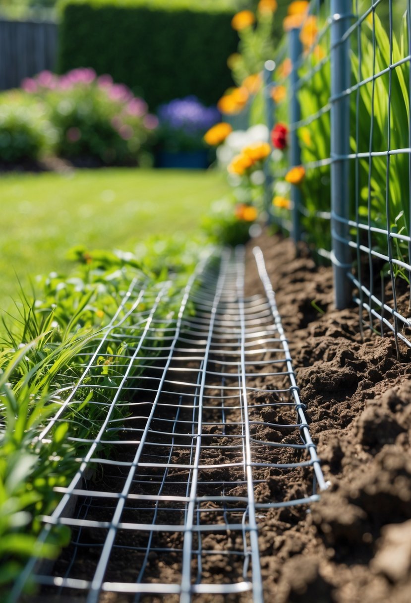 Close-up of wire mesh fencing buried underground along a garden fence to prevent dogs from digging under, with grass and flowers nearby.