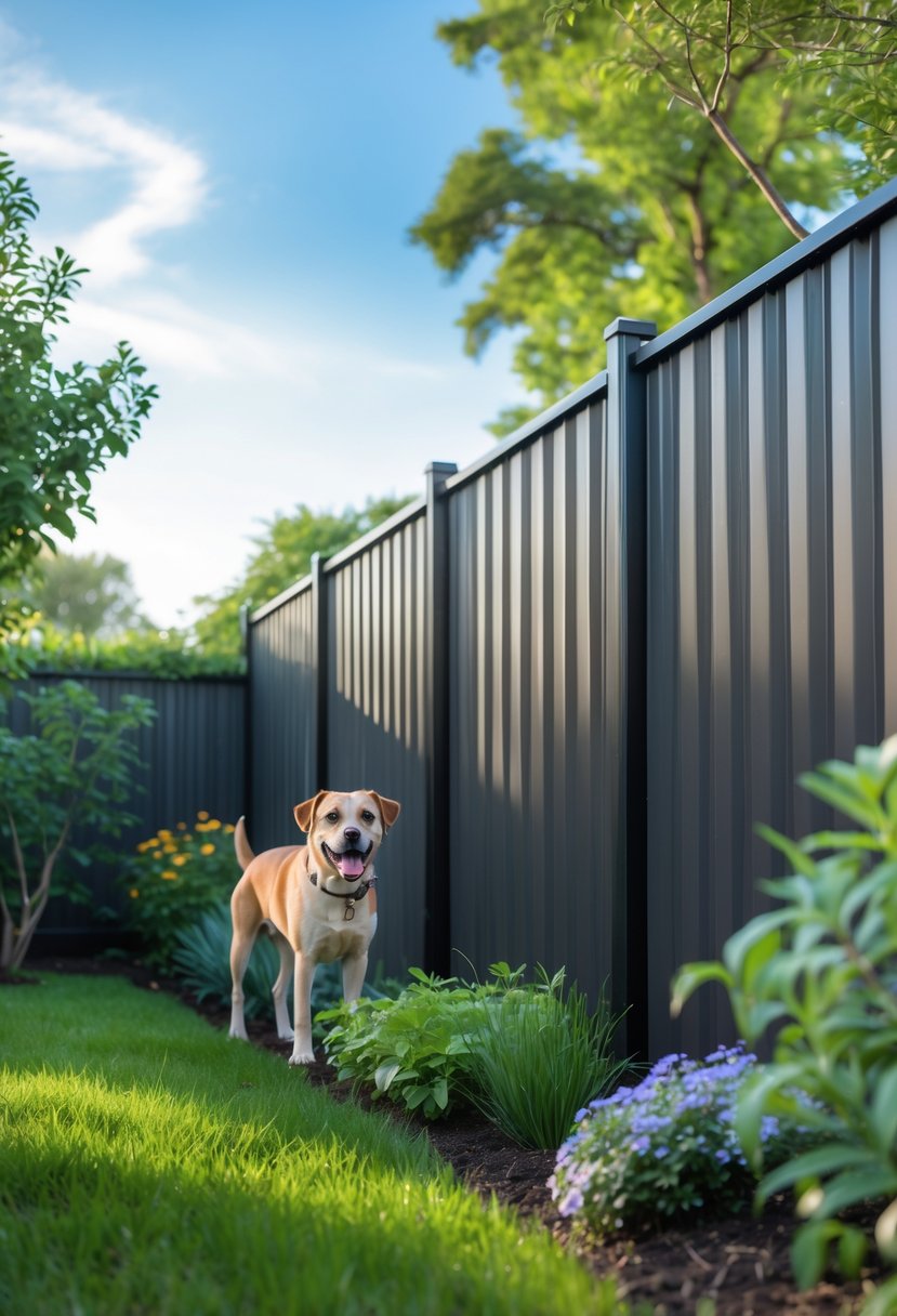 A metal garden fence with powder coating enclosing a green backyard, with a dog standing outside the fence looking in.