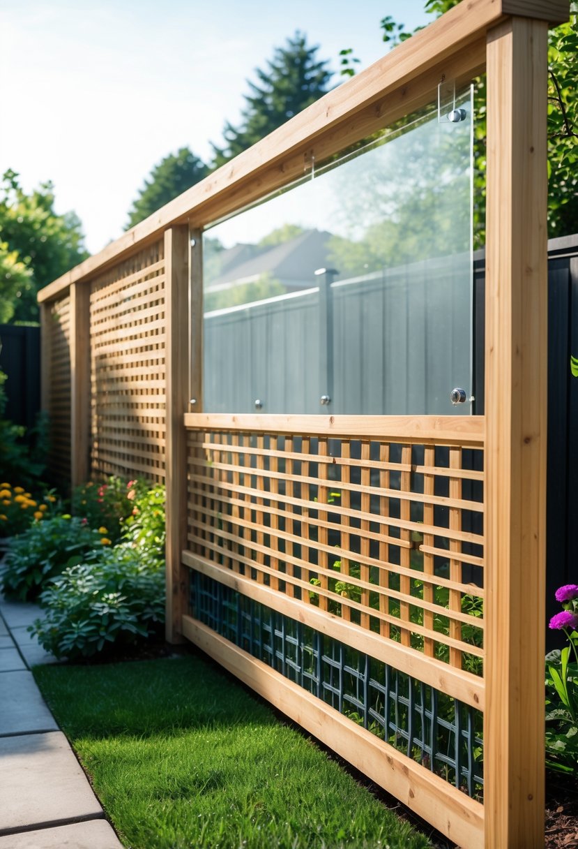 A wooden lattice garden fence topped with clear plexiglass panels surrounding a green backyard garden.
