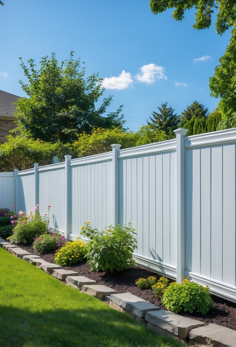 A backyard garden with a solid white vinyl fence enclosing a green lawn and colorful plants.