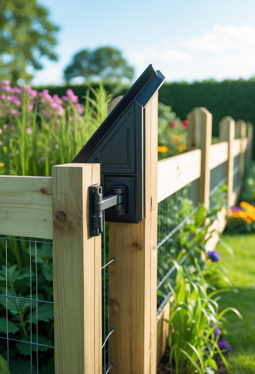 A wooden garden fence with an angled extension at the top surrounded by green grass and colorful flowers.