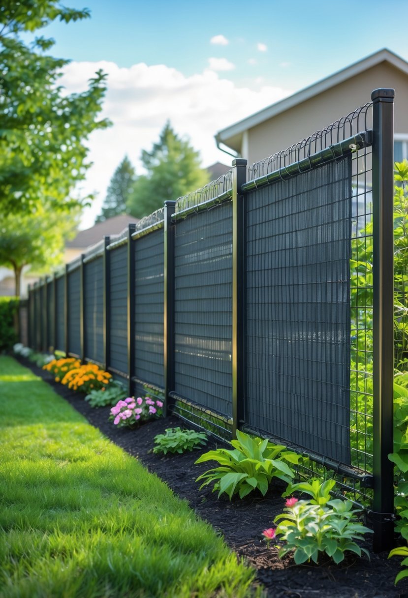Chain link fence with privacy slats surrounding a garden with grass and plants to keep dogs out.