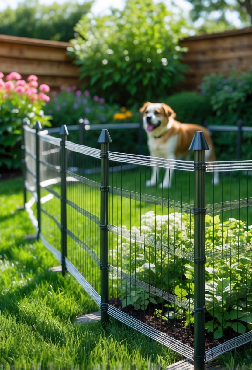 A temporary garden fence with metal stakes surrounding a colorful garden, with a dog standing outside the fenced area.