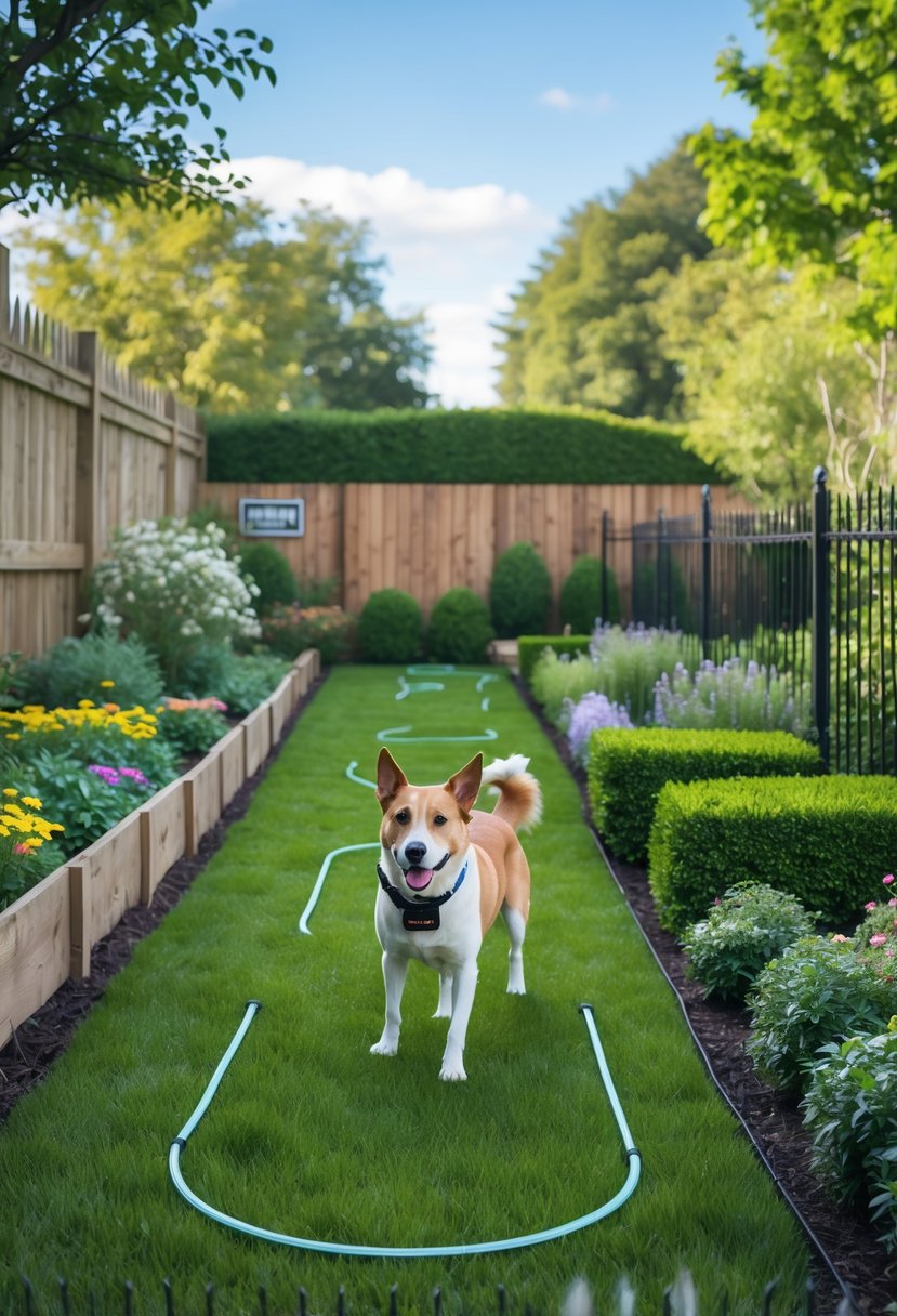 A garden with various fences and a dog wearing an invisible fence collar staying inside the yard.