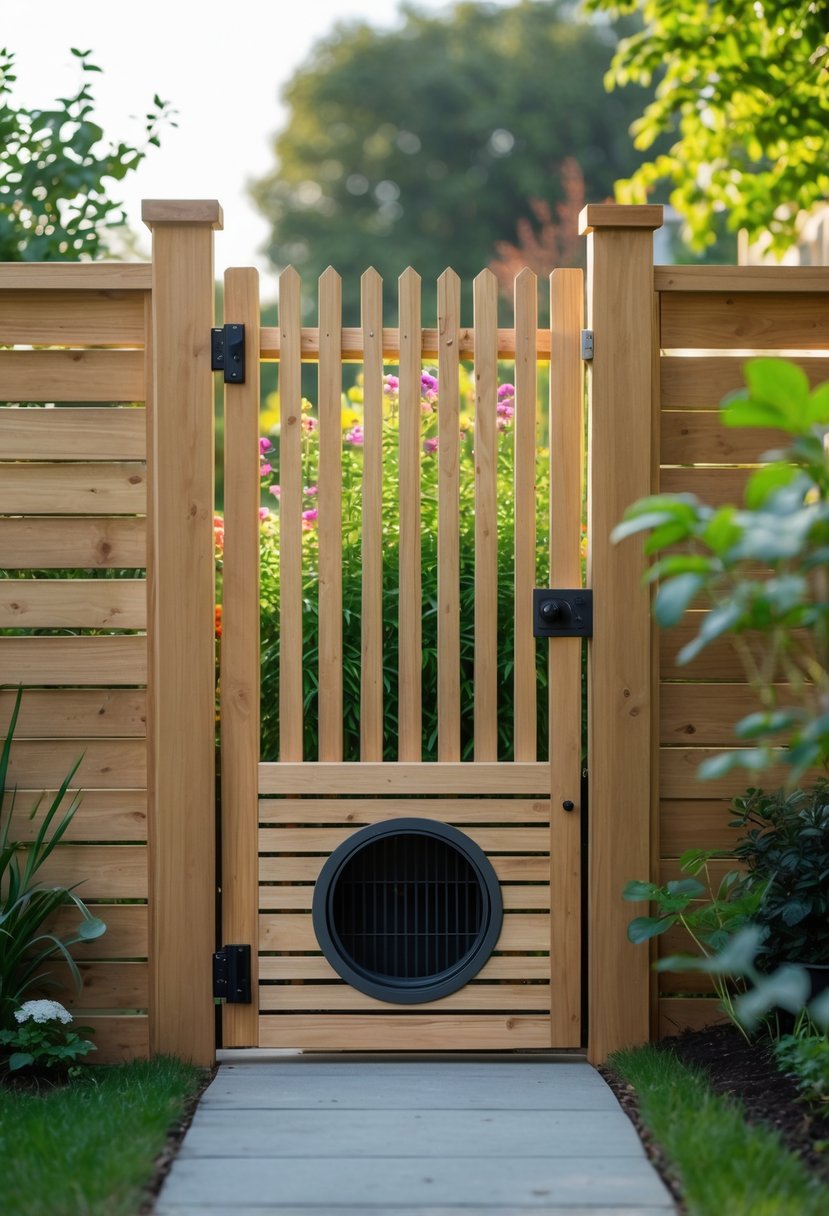 A wooden garden fence with a built-in dog door in a green backyard.