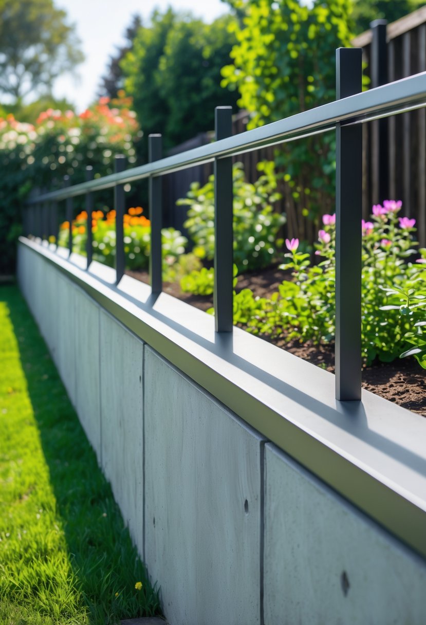 Concrete garden wall with metal top rail surrounding a garden with plants and grass
